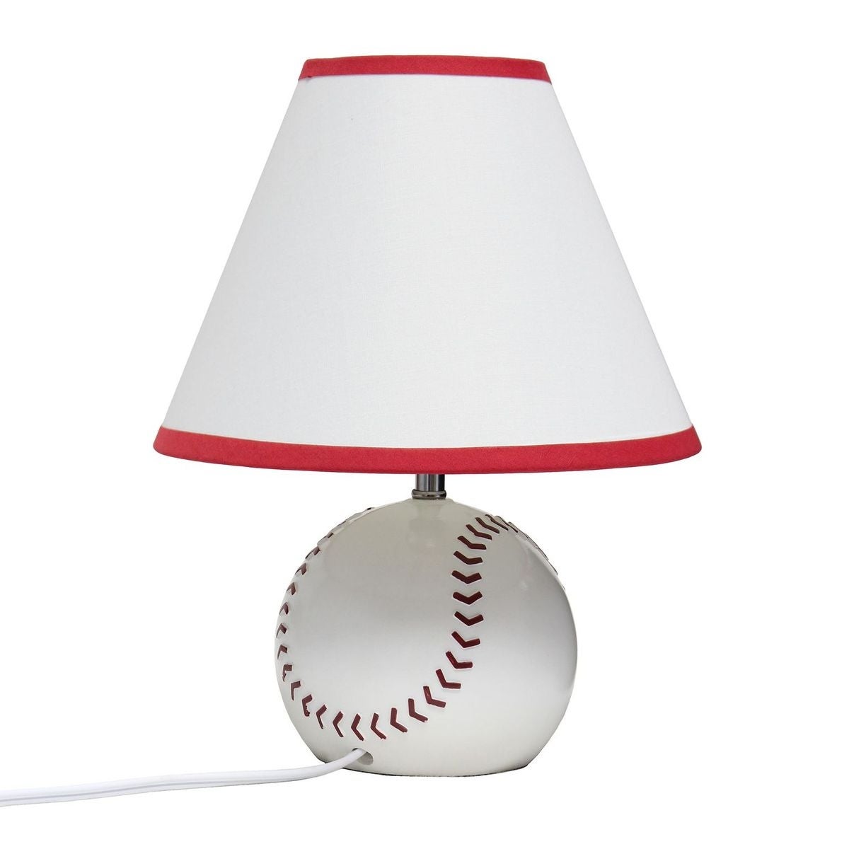 Simple Designs Athletic Sports Baseball Base Ceramic Bedside Table Desk Lamp with White Empire Fabric Shade with Red Trim - Mycitystee