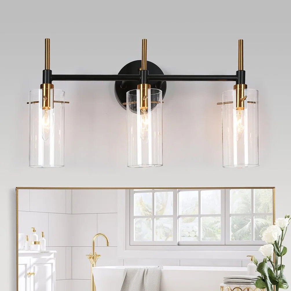 Modern Black Gold Bathroom Vanity Light Dimmable Wall Sconces with Cylinder Glass - Mycitystee