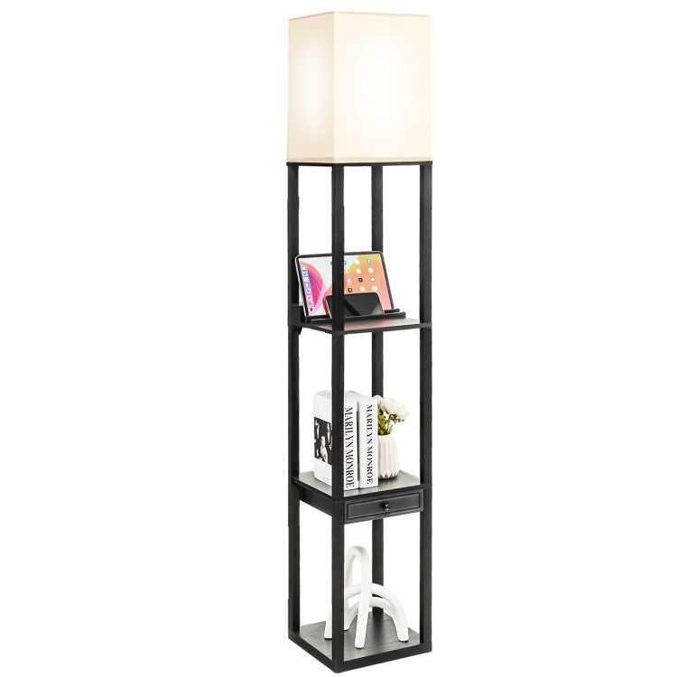 63 Inch Modern Shelf Floor Lamp with Power Outlet and USB Port-Black - 10.5