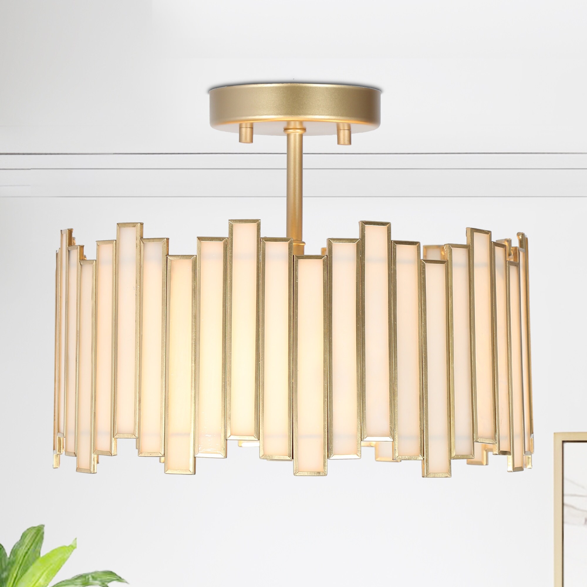 Modern Gold 3-Light Chandelier Metal Drum Semi-Flush Mount for Dining Room - D 12.6