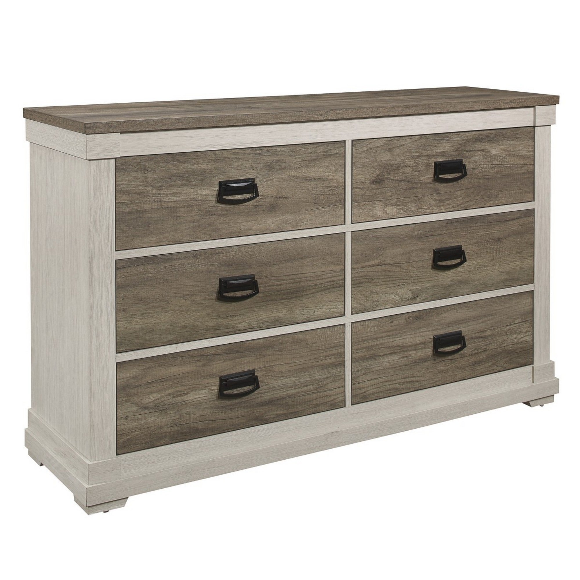 6 Drawer Wooden Dresser with Hanging Pull Handles， White and Weathered Gray - - 31624020 - Mycitystee