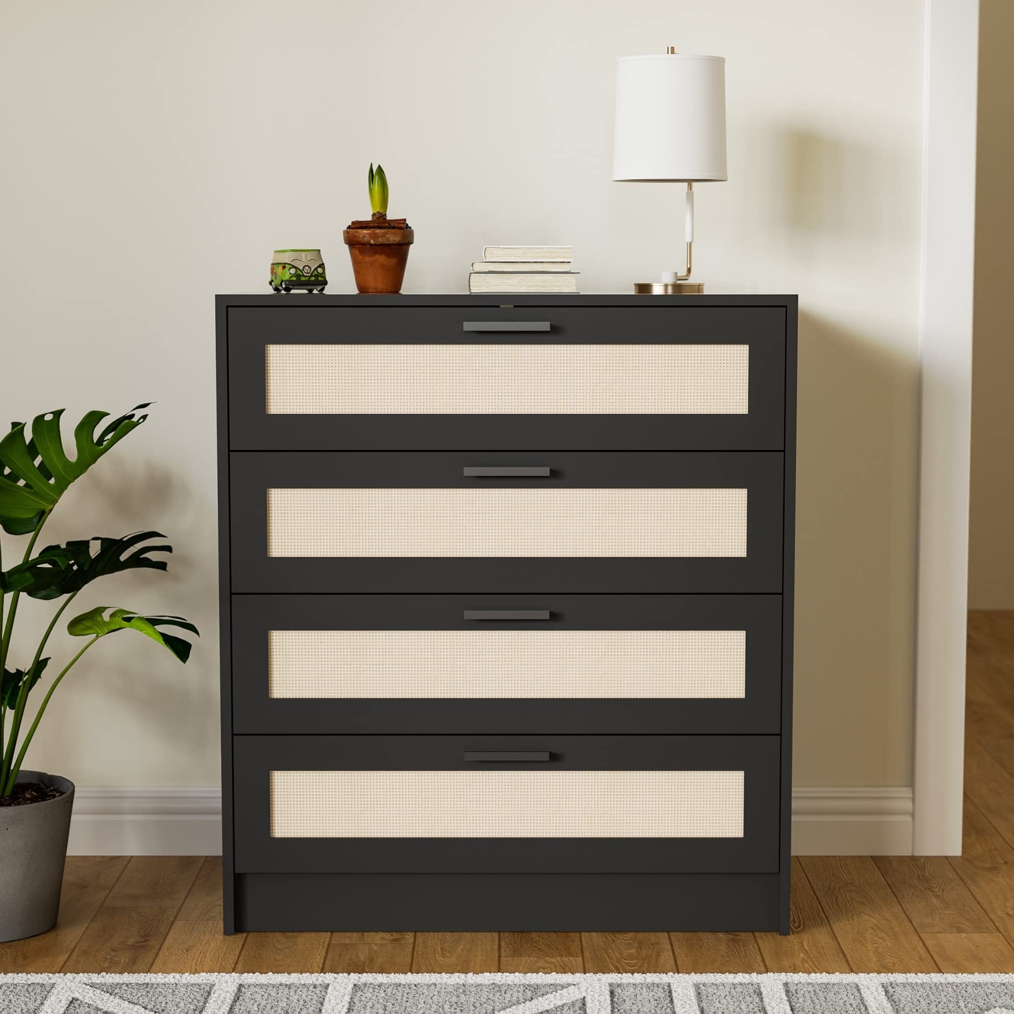 Castle Rattan 4 Drawer Dresser for Bedroom， Wooden Chest of Drawers with Metal Handles， Modern Boho Dresser - as picture - - 37668227 - Mycitystee