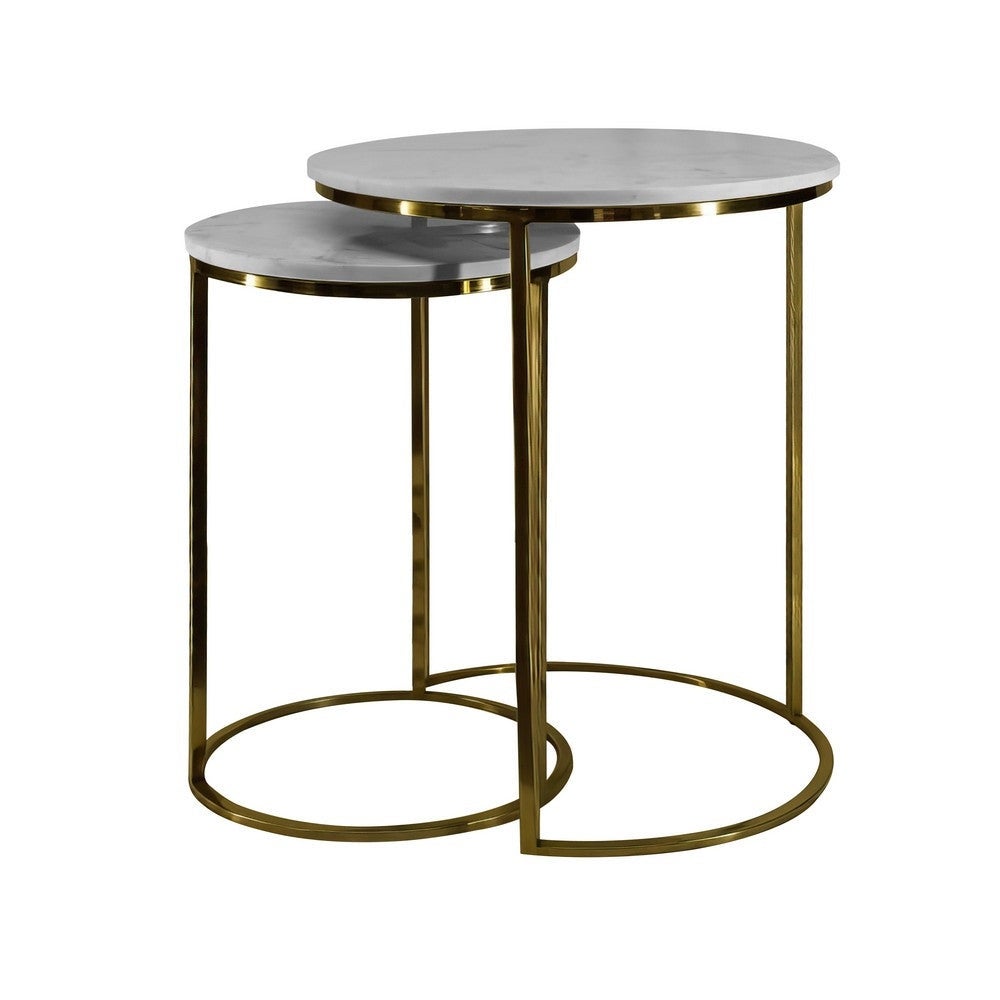 21， 18 Inch Transitional Style Round Marble Top Nesting End Table， Set of 2， Metal Frame， White， Brass - Mycitystee