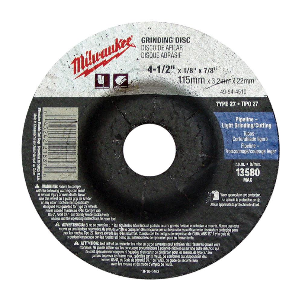 Milwaukee 4-1/2 in. x .045 in. x 7/8 in. Cut-Off Wheel (Type 27) 49-94-4505 from Milwaukee - Mycitystee