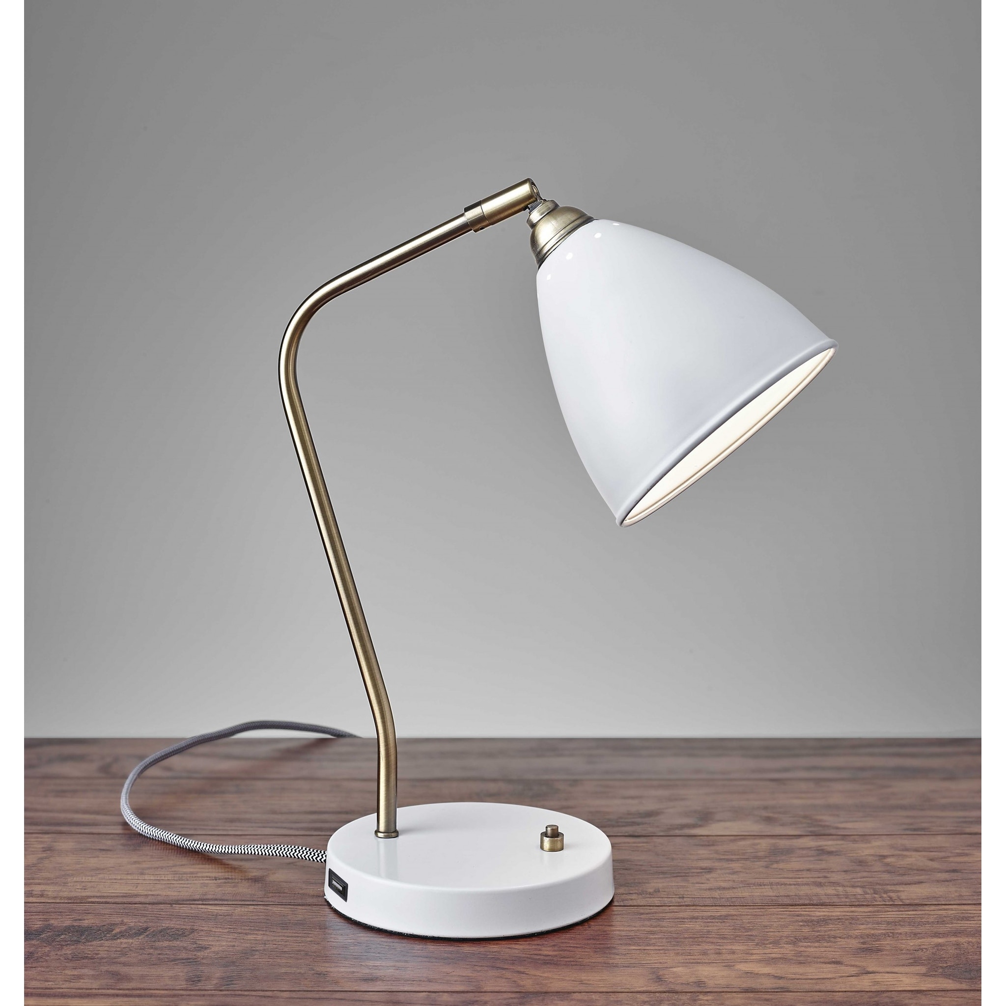 White Metal and Antique Brass Adjustable USB Port Desk Lamp - 6.25 x 12.75 x 21 - Mycitystee