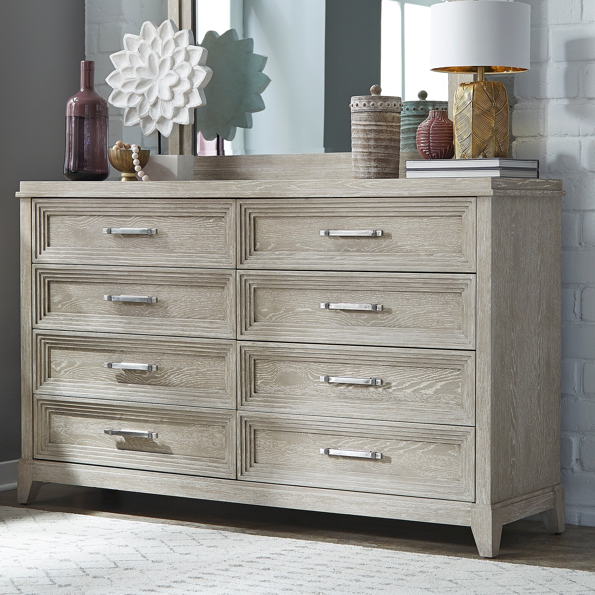 Belmar Washed Taupe and Silver Champagne 8 Drawer Dresser - - 36107965 - Mycitystee