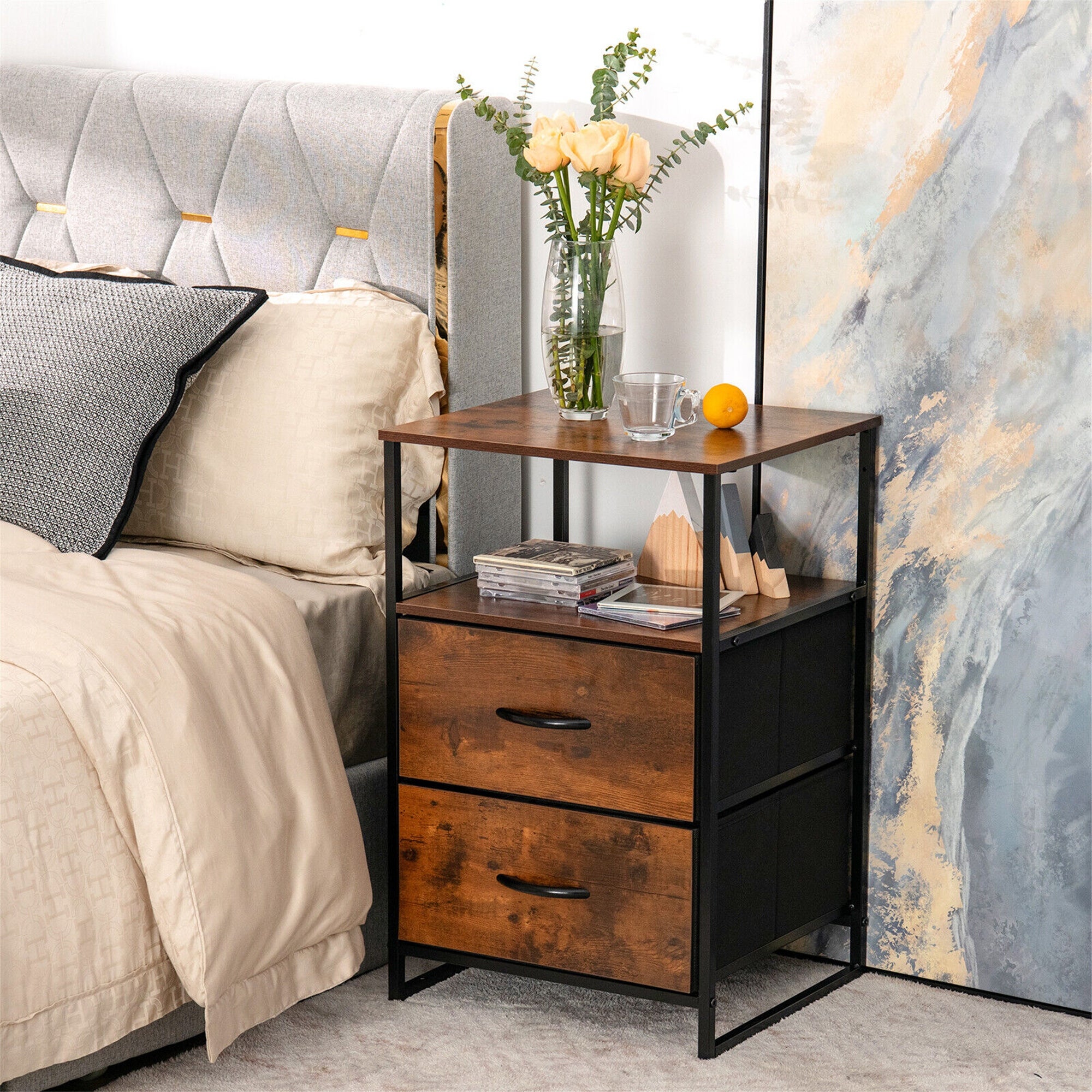 2-Drawer Dresser Storage Cabinet Organizer Unit Steel Frame， Brown - - 36053073 - Mycitystee