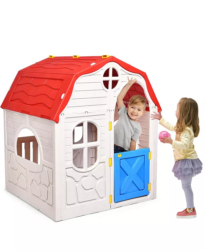 Costway Kids Cottage Playhouse Foldable Plastic Play House Indoor Outdoor Toy Portable - Mycitystee