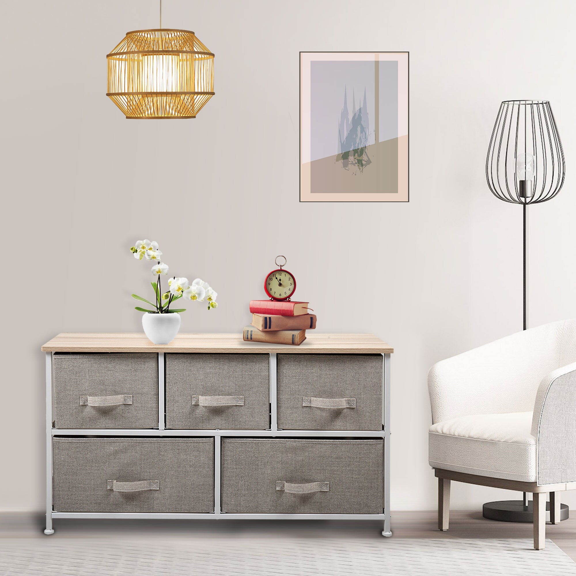 2-Tier Storage Dresser with 5 Non-woven Fabric Drawers for Living Room， Bedroom and Entryway， Natural Wood - - 35936225 - Mycitystee