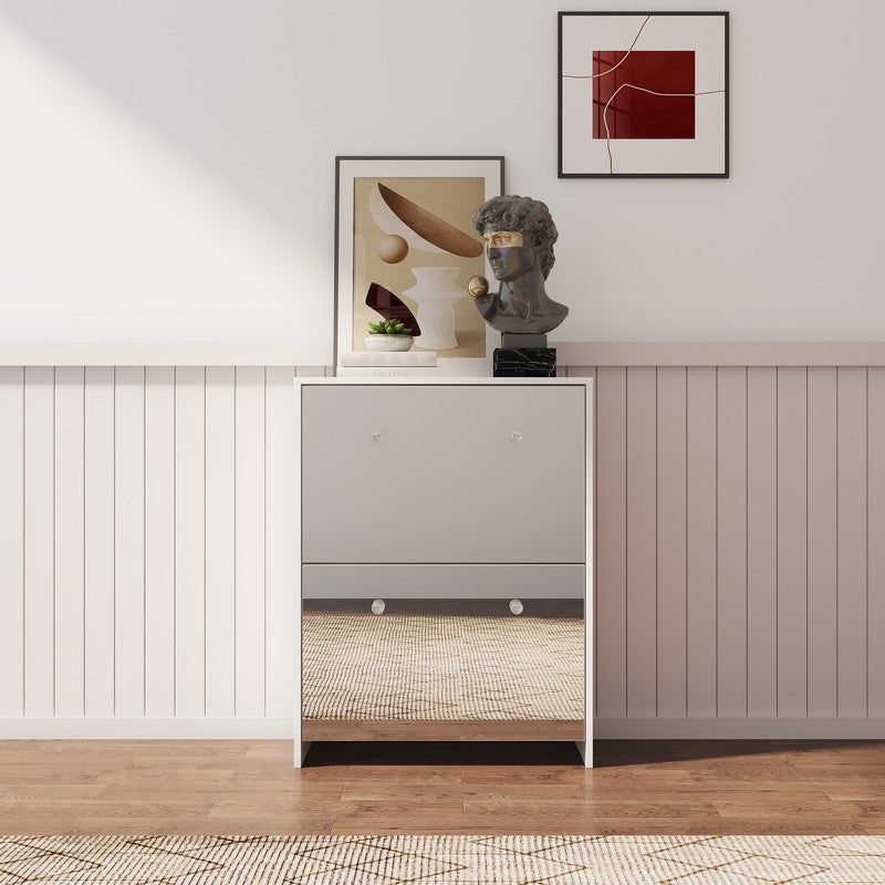 Shoe Cabinet with 2 Flip Drawers for Entryway， Modern Shoe Storage Cabinet with Mirror， Freestanding Shoe Rack Storage Organizer - - 37720609 - Mycitystee