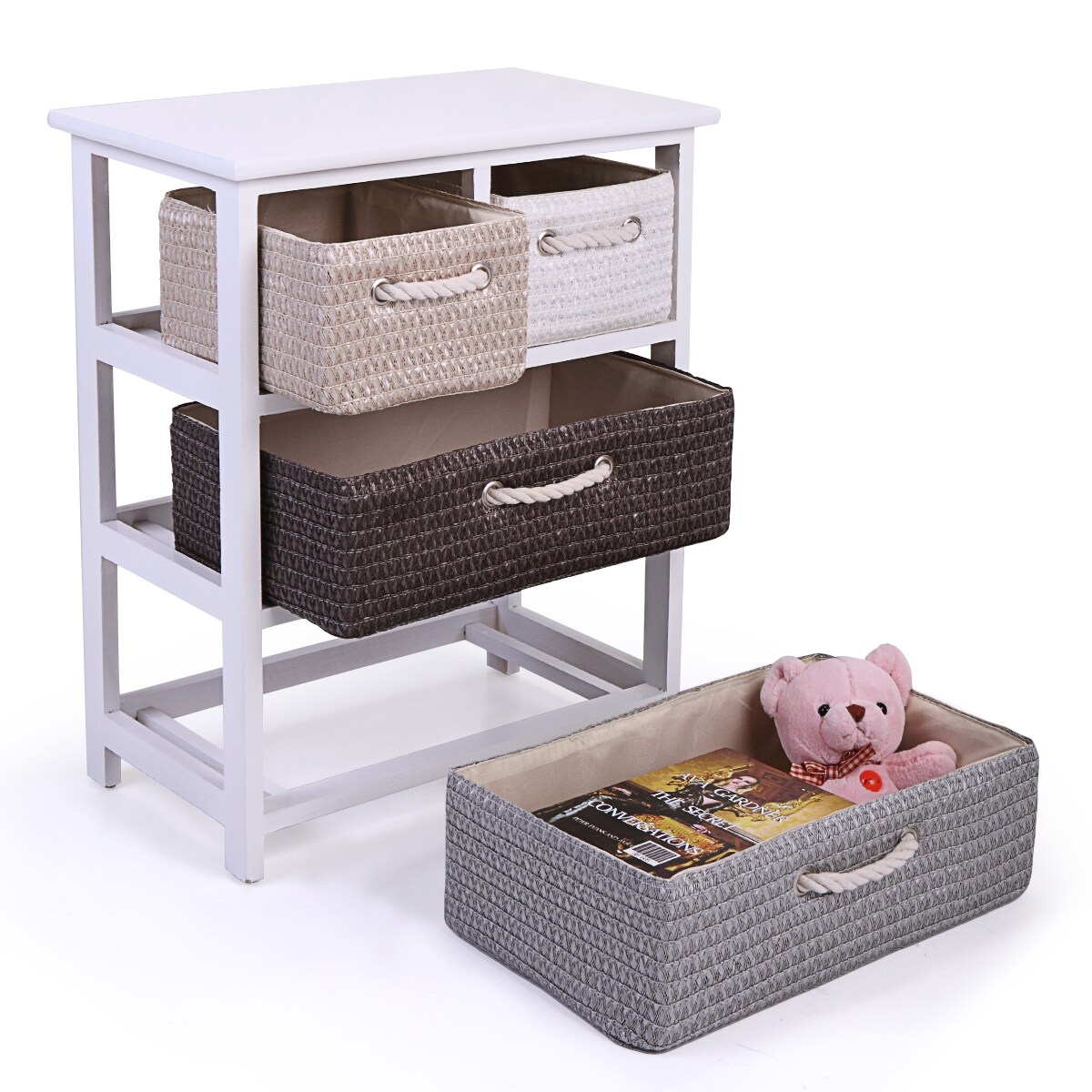 4-Drawer Storage Unit with Woven Baskets， Drawer Dresser Chest， Sturdy Wood Frame， Storage Tower in White - - 36298301 - Mycitystee