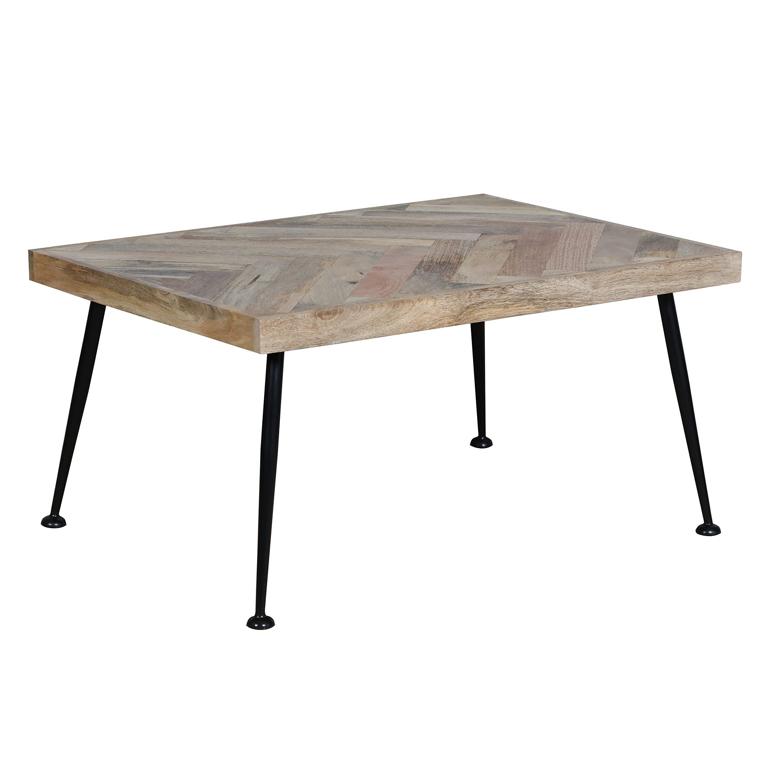 36-Inch Rectangular Mango Wood Coffee Table， Herringbone Design， Iron Legs - Mycitystee