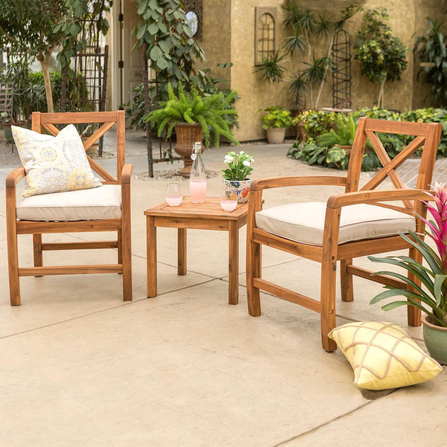 Ultimate Patio Camille Way 3 Piece Acacia Patio Conversation Set W/ Natural Cushions - Mycitystee