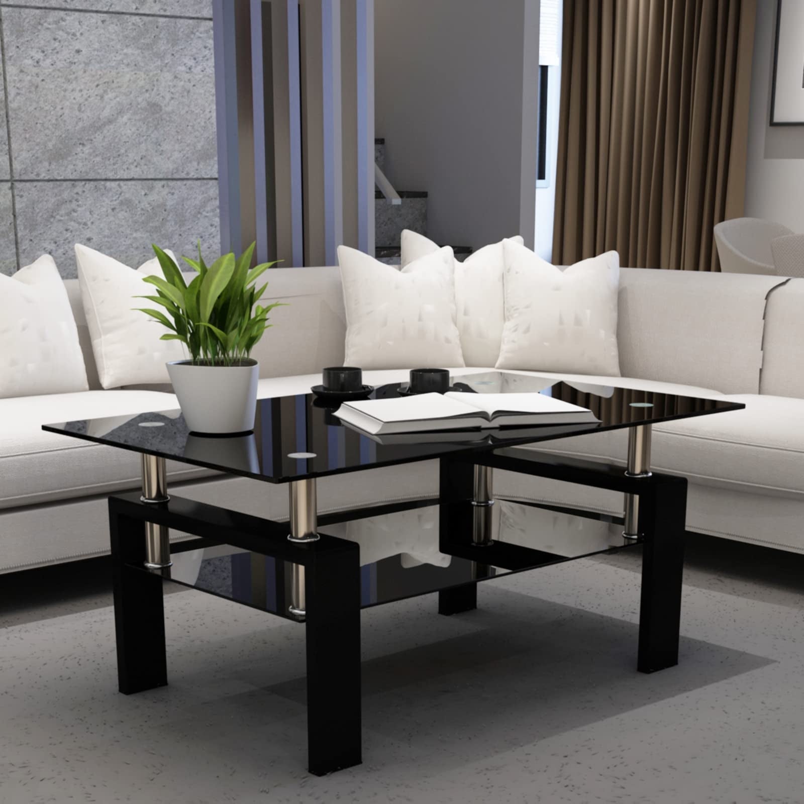 Yoglad Tempered Glass Coffee Table， 2 Layer Center Table， Modern Metal Legs Accent Table， Tea Table for Living Room - as picture - Mycitystee