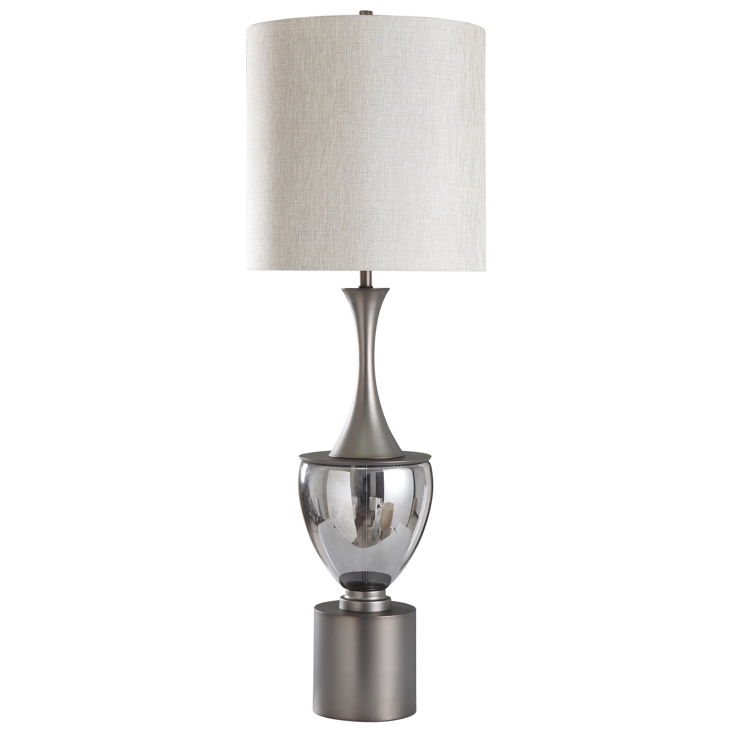 Ward Table Lamp - Smoke Finished Glass with Pewter Finish - Off White Fabric Shade - Mycitystee