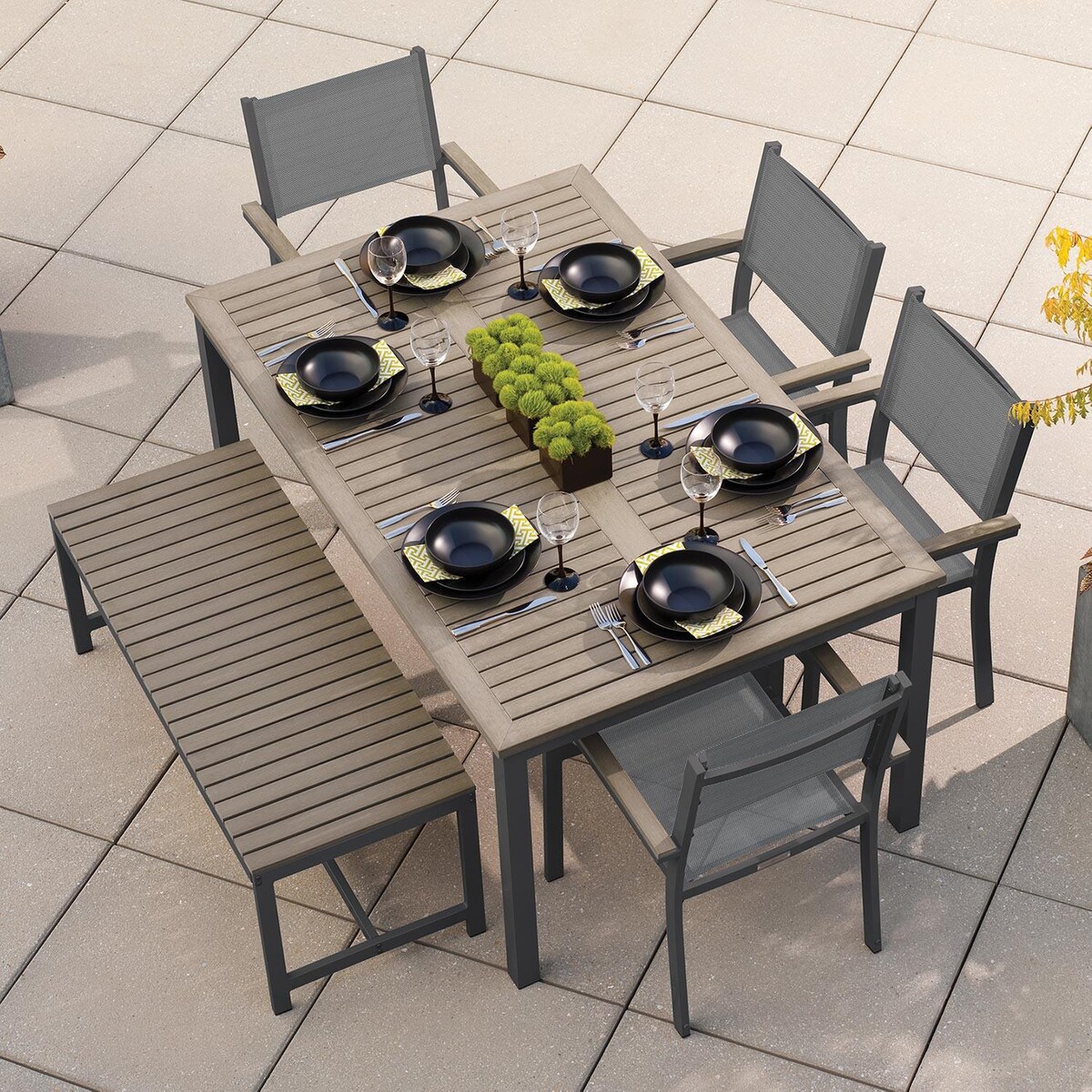 Oxford Garden Travira 6 Piece Carbon Aluminum Patio Dining Set W/ Titanium Sling Armchairs， 63-Inch Rectangular Vintage Tekwood Table and Backless Ben - Mycitystee