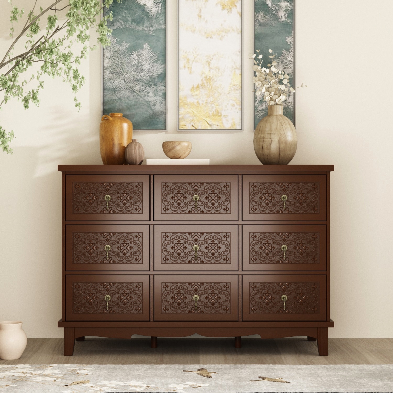 9 Drawer Double Dresser， 47.2 inch Wood Bedroom Dresser in Brown - - 37773819 - Mycitystee