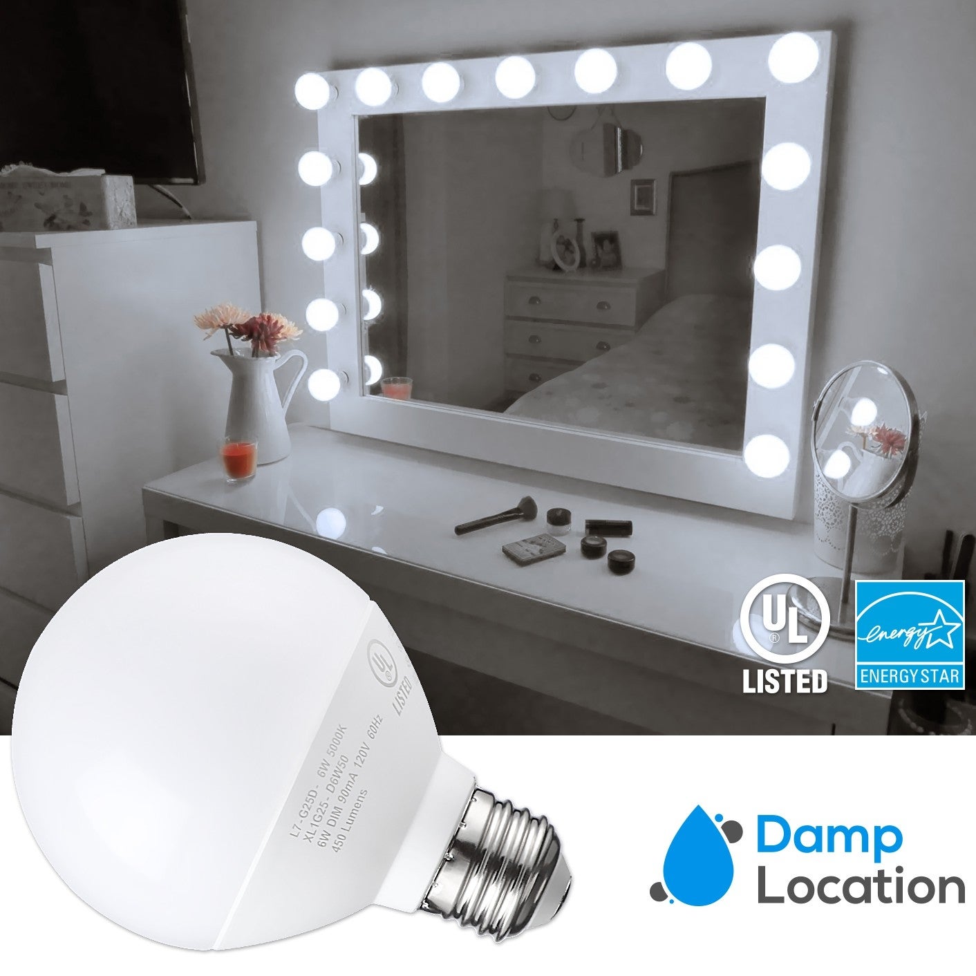 12-Pack 6W Dimmable G25 Globe LED Bulb， Vanity Light， 5000K Daylight - 450lm - Mycitystee