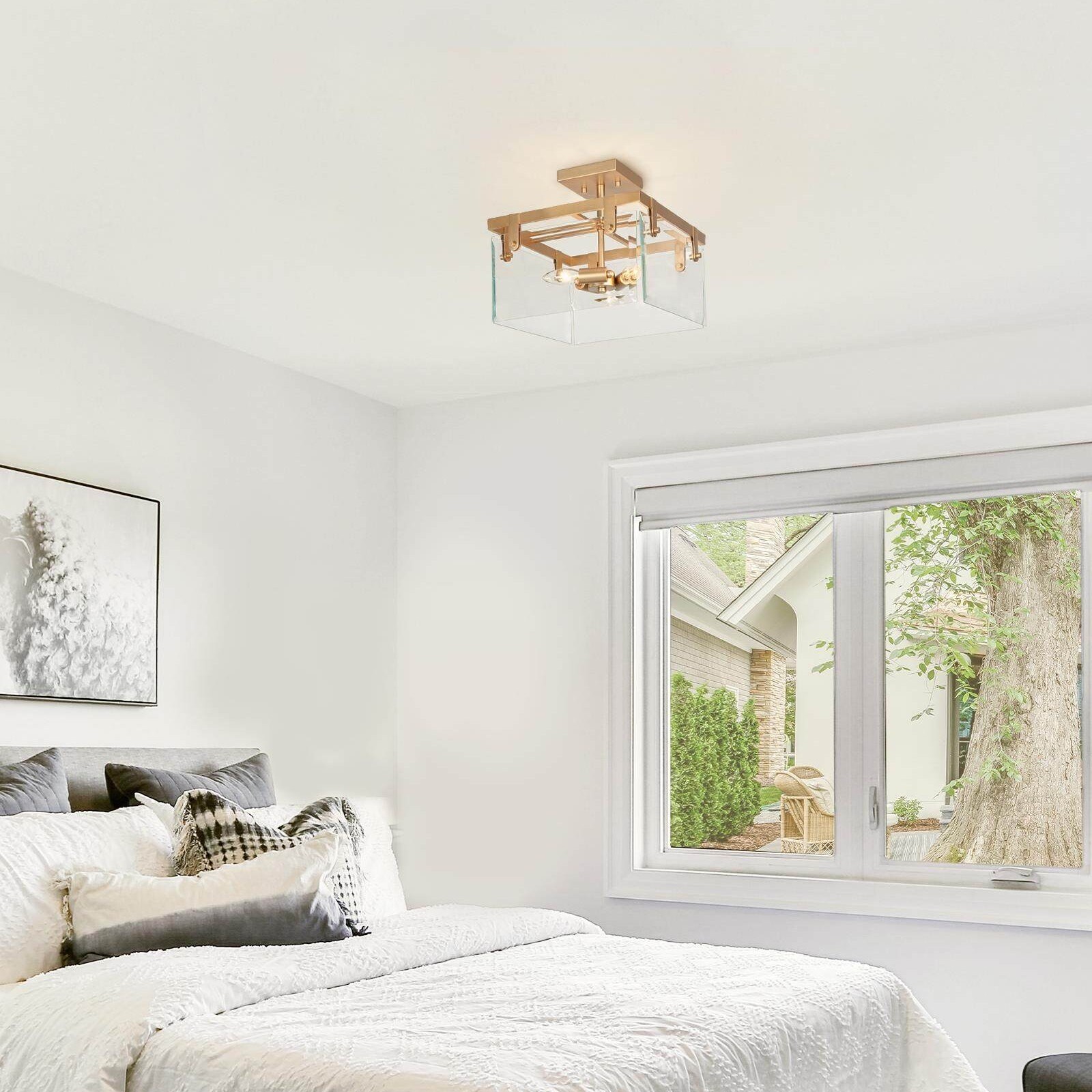 Modern 3-Light Gold Glass Semi Flush Mount Ceiling Lights with Square Shape - 12.5
