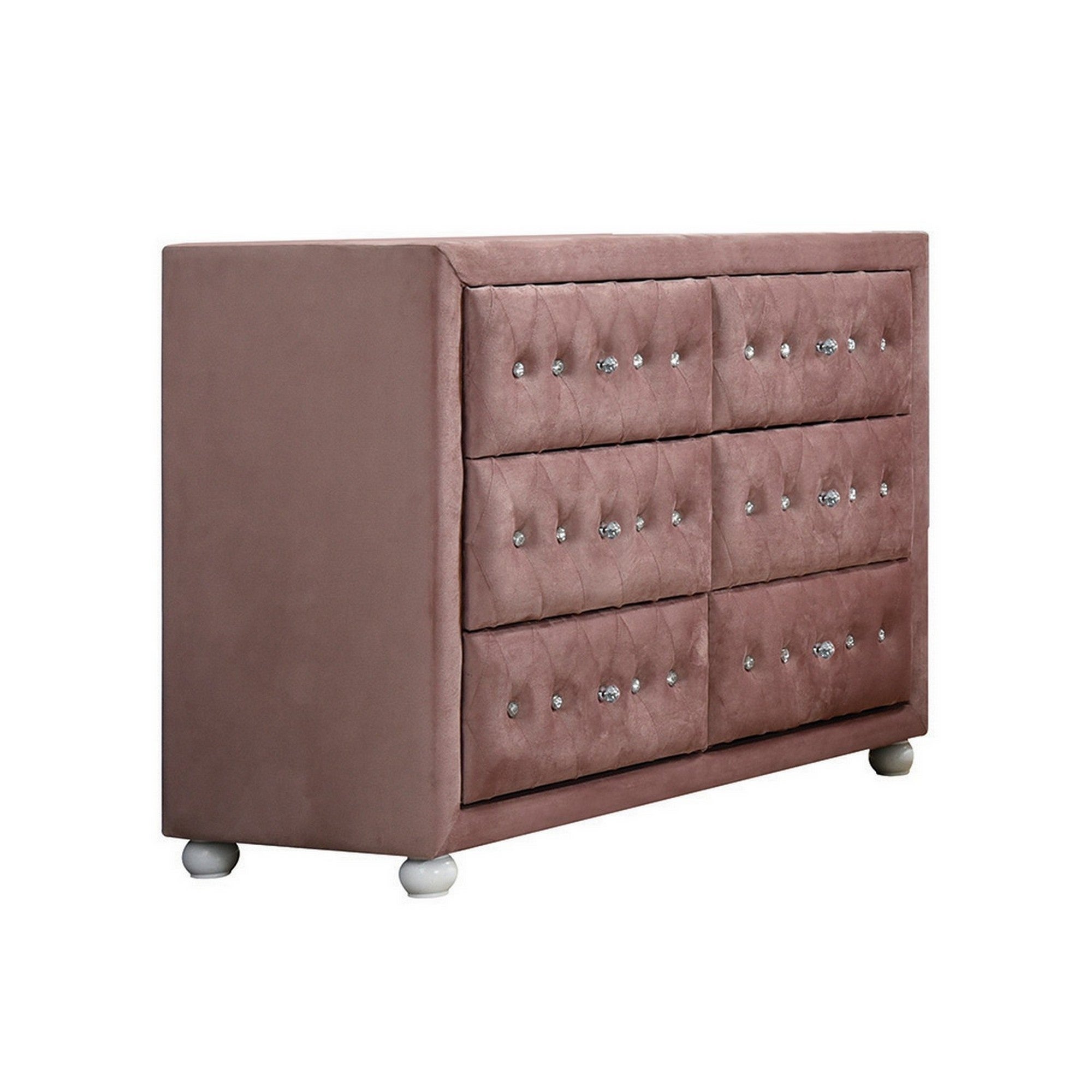 Rex 40 Inch Modern Upholstered Dresser， 6 Drawers， Crystal Handles， Pink - - 36106341 - Mycitystee