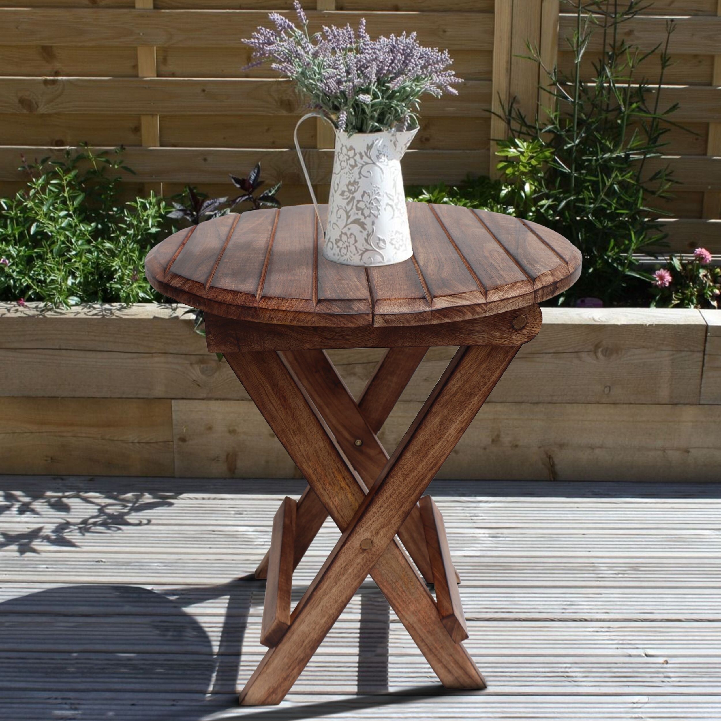 Wooden Round Folding Chair Side End Table with Planked to p for Living Room and Framhouse， Rustic Brown， Plank Style - Mycitystee