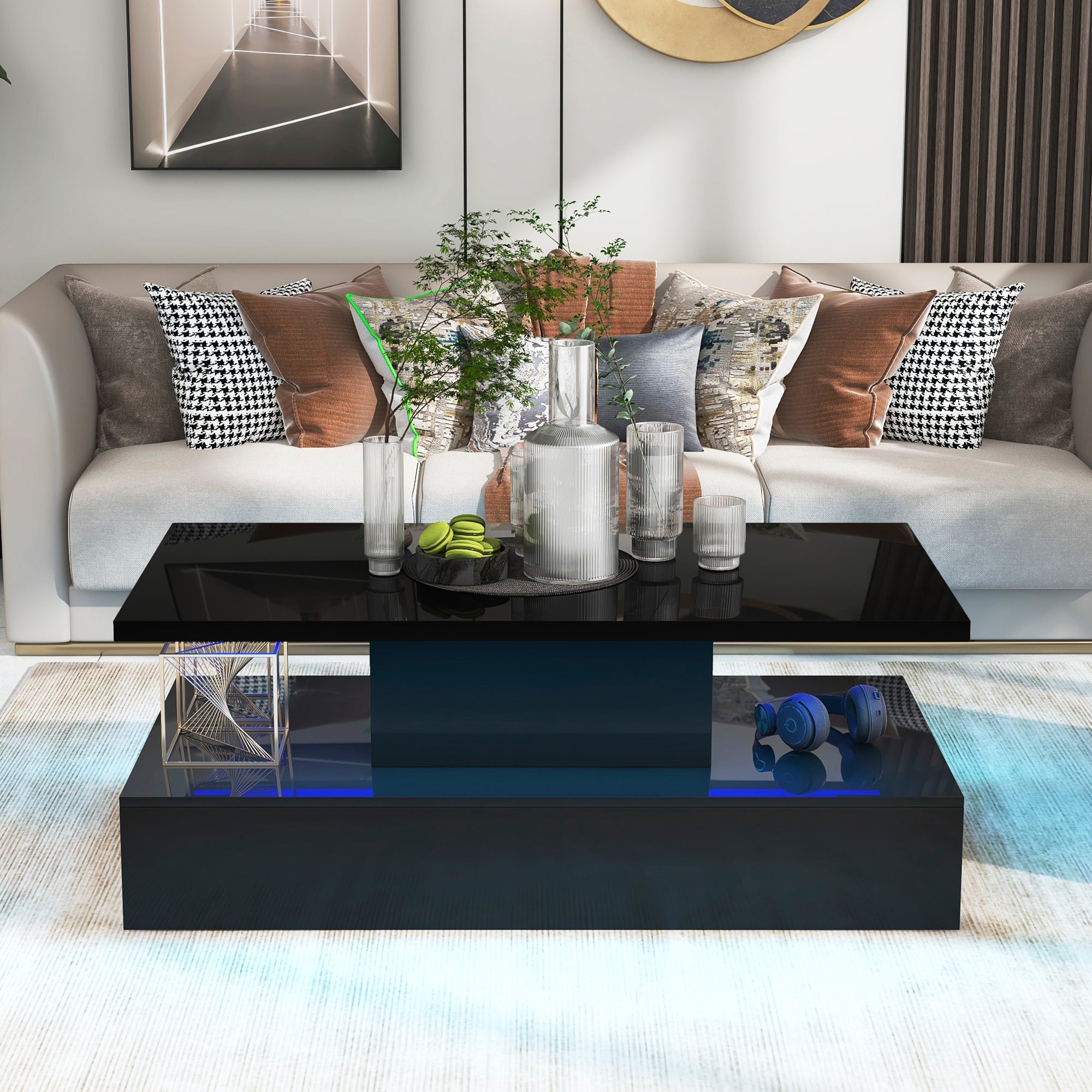 Modern Industrial Design Coffee Table with LED Lighting - Mycitystee