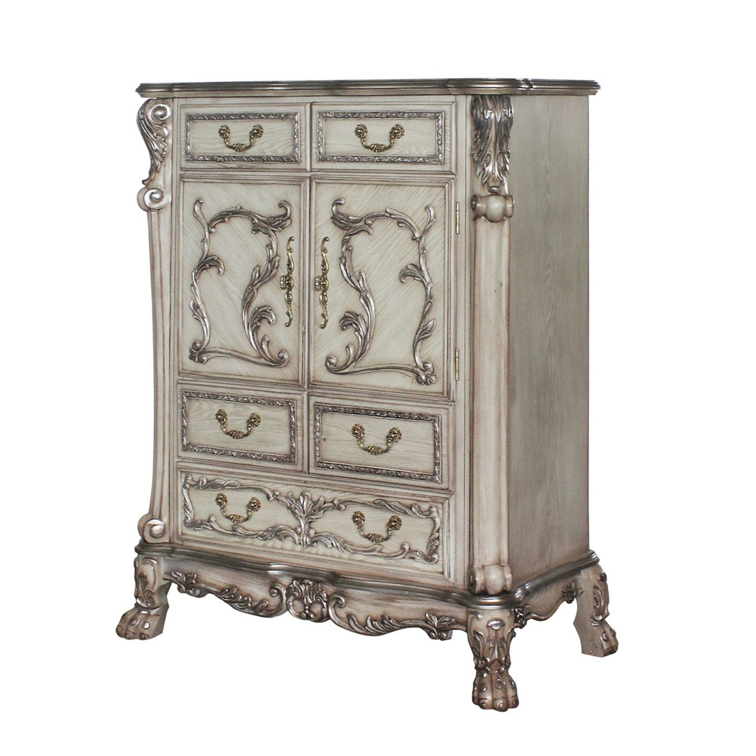 Traditional Wooden Chest with 5 Drawers and Carved Details， Silver - - 31768453 - Mycitystee