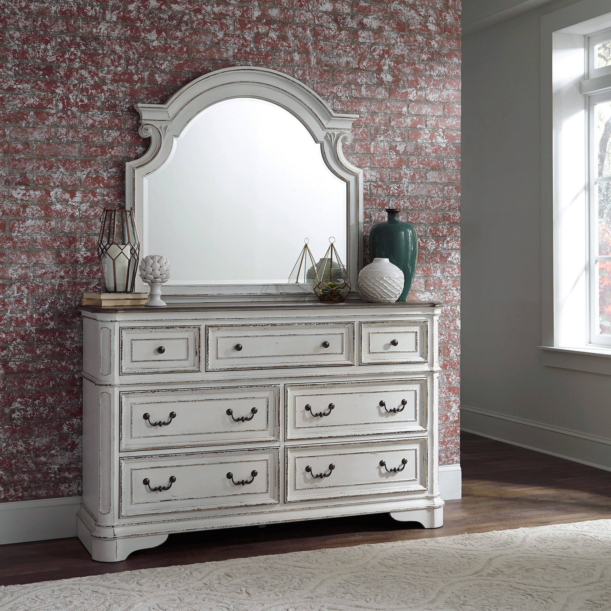 Magnolia Manor Antique White Weathered Bark Dresser and Mirror - - 17307965 - Mycitystee