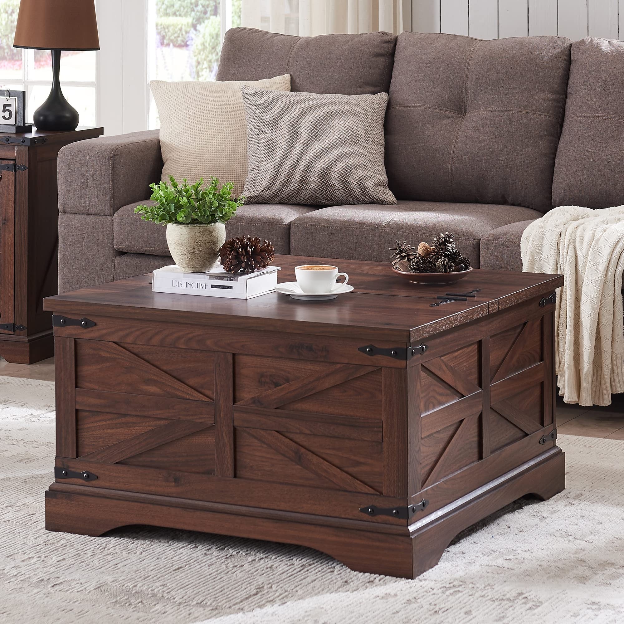 Farmhouse Coffee Table， Square Wood Center Table with Large Hidden Storage Compartment for Living Room， - as picture - Mycitystee
