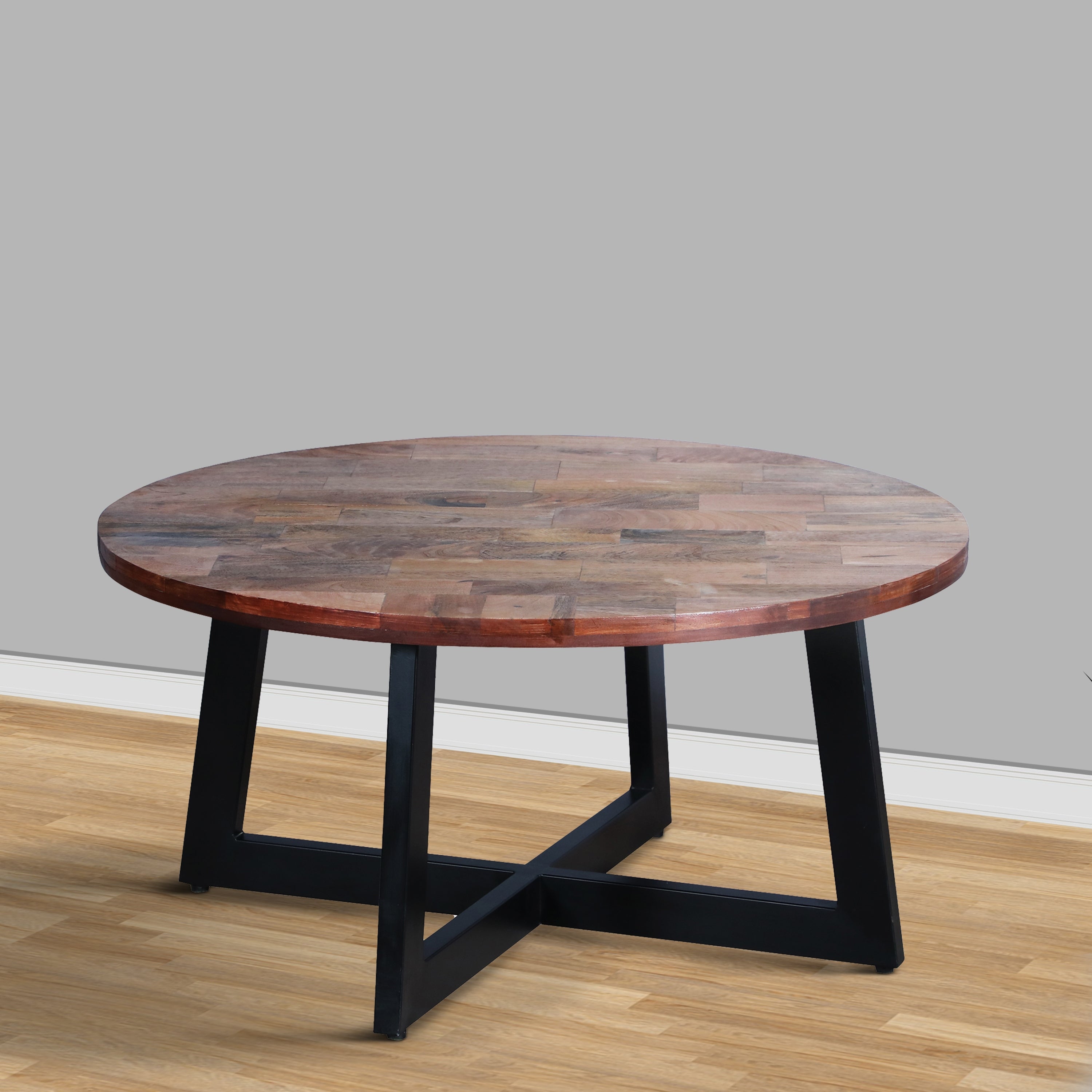 31 Inch Round Mango Wood Farmhouse Coffee Table for iving Room， Home， Office， X Shape Iron Frame， Brown， Black - Mycitystee