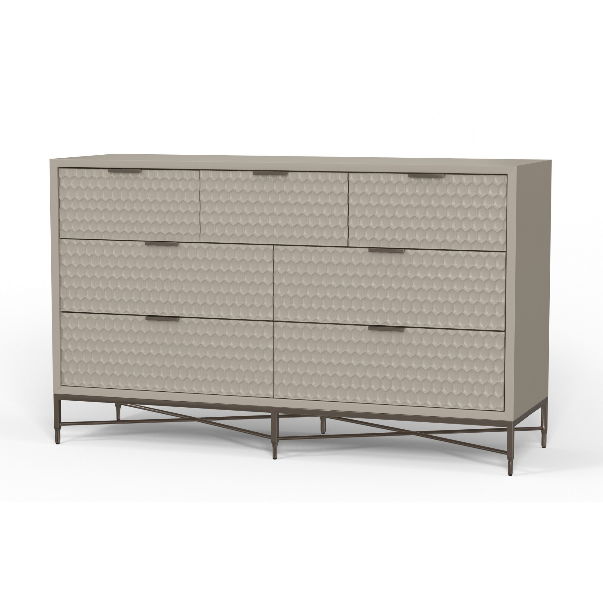 Rexi 56 Inch 7 Drawer Dresser， Honeycomb Pattern， Mahogany Wood， Taupe Gray - - 36907715 - Mycitystee