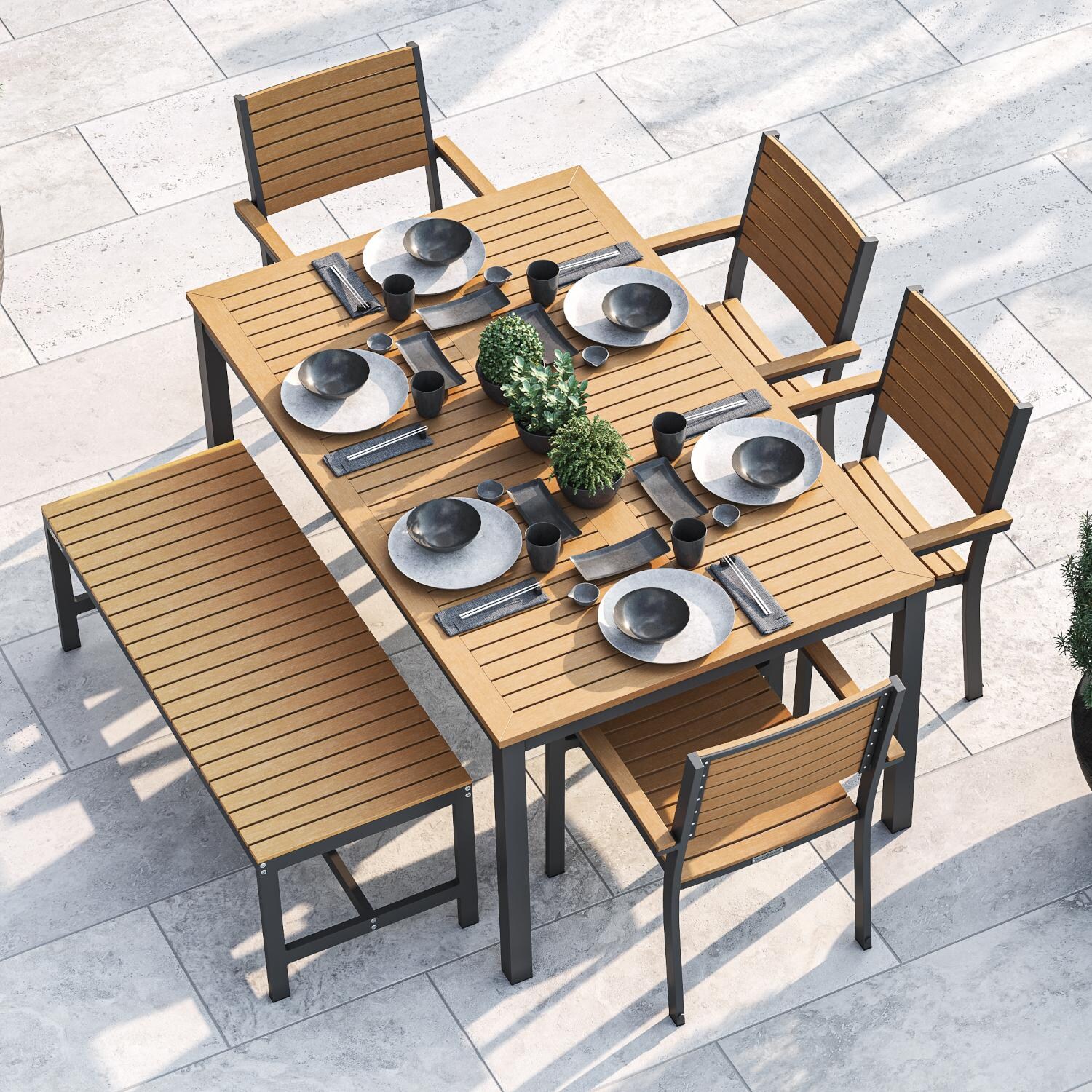 Oxford Garden Travira 6 Piece Carbon Aluminum Patio Dining Set W/ Natural Tekwood Armchairs， 63-Inch Rectangular Natural Tekwood Table and Backless Be - Mycitystee