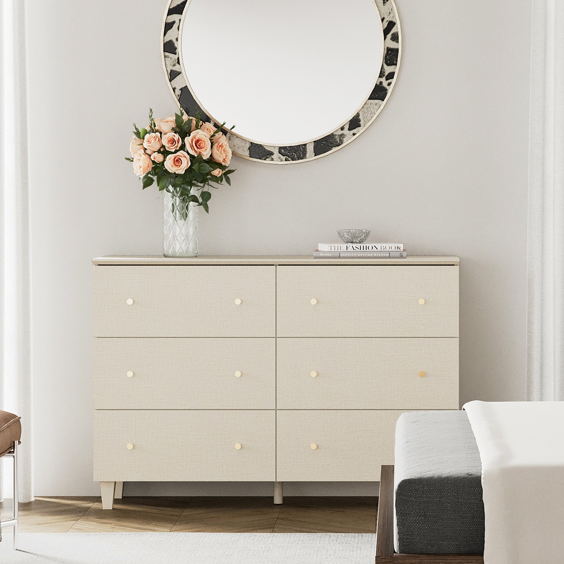 Beige Wood Dresser with 6 Drawers for Bedroom， Closet， Nursery - - 37833588 - Mycitystee