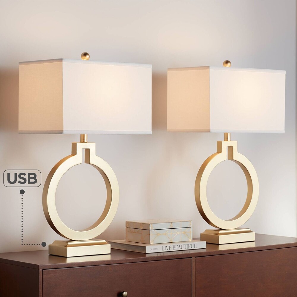 Set of 2 Modern Table Lamps with USB Port Gold Rectangular White - 16
