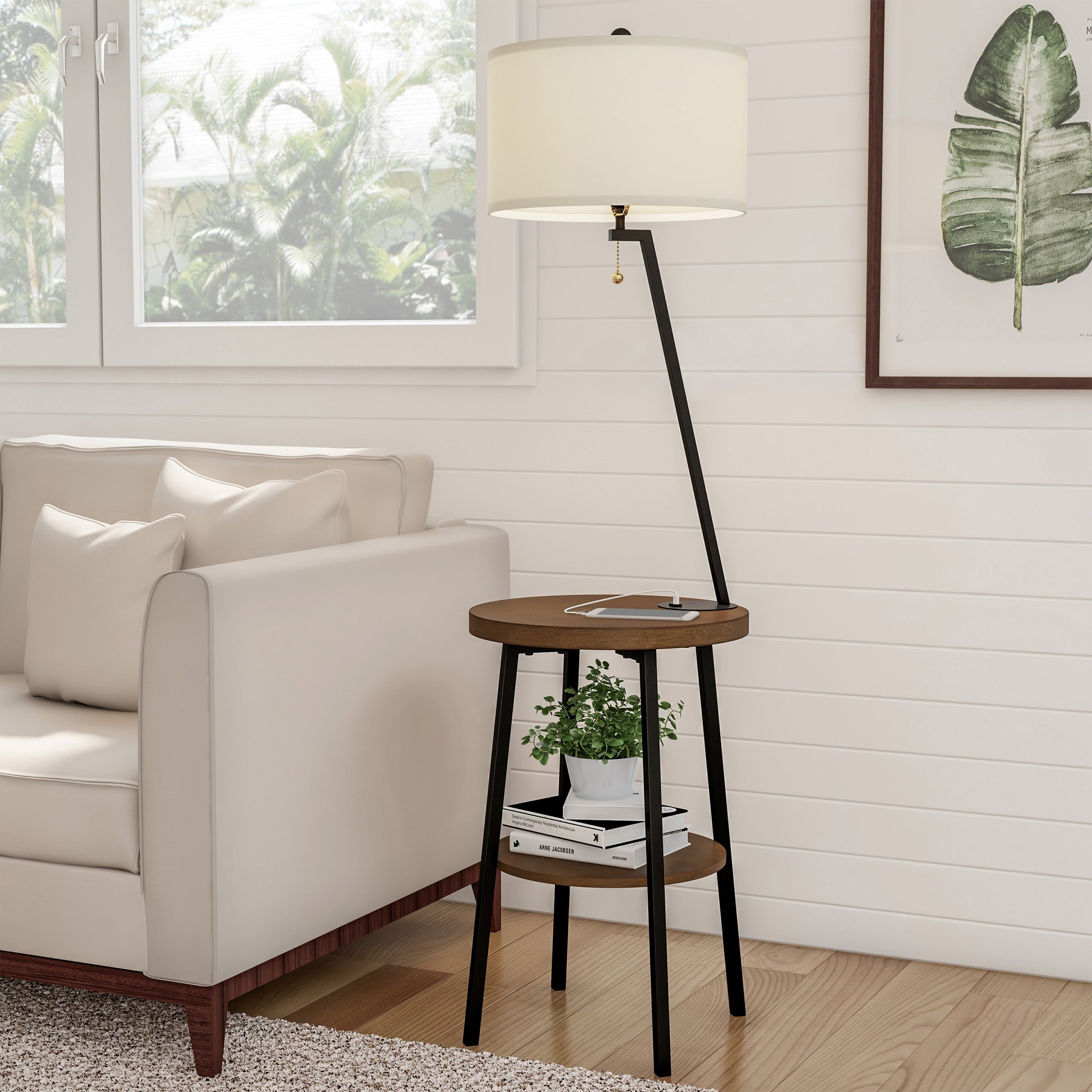 Lavish Home Floor Lamp with Side Table， USB Charging Port， Drum Shade - 58