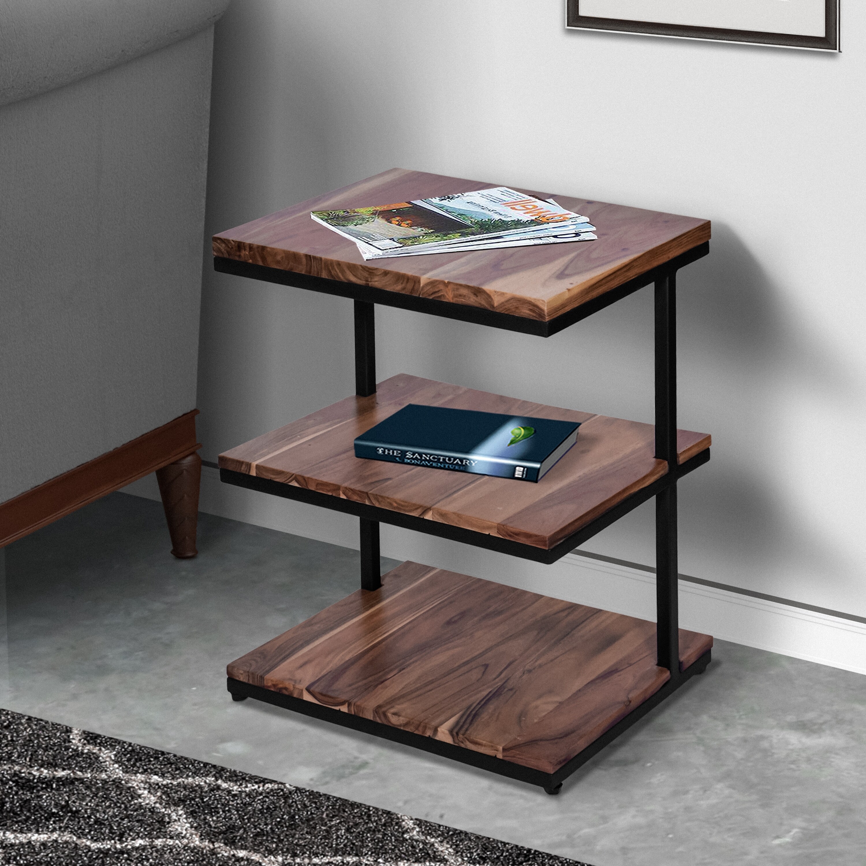 Industrial End Table with 3 Tier Wooden Shelves and Metal Frame， Brown and Black - Mycitystee