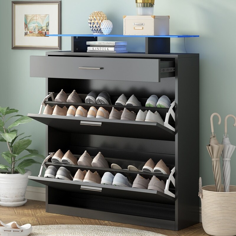 Shoe Cabinet with 2 Flip Drawers and LED Light， Shoe Rack with Drawer， Freestanding Shoes Organizer Shoe Storage Cabinet - - 37744588 - Mycitystee