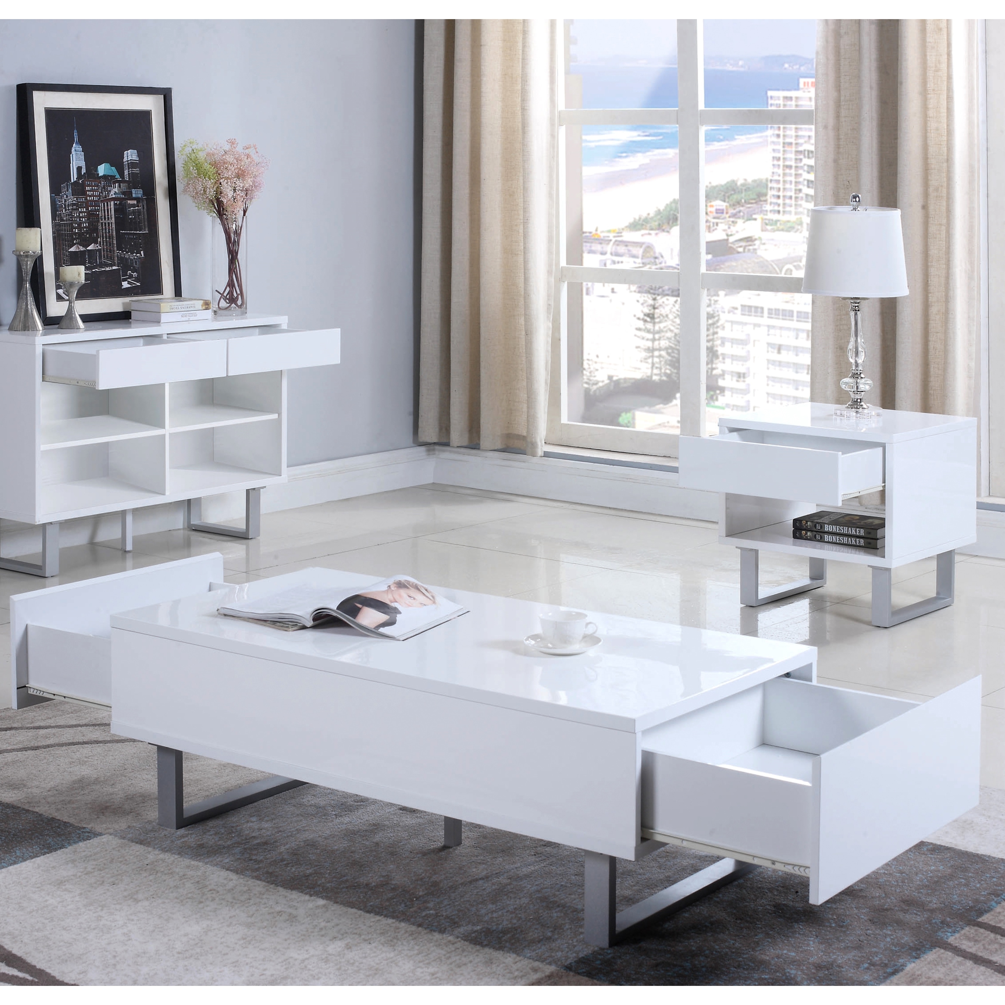 Modern Design Glossy White Living Room Table Collection - Mycitystee
