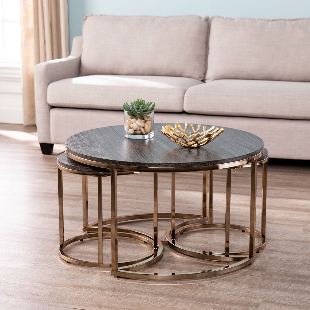 Lokyle Metal and Wood Round Nesting Coffee Table， 3-Piece Set， Espresso - as show - Mycitystee