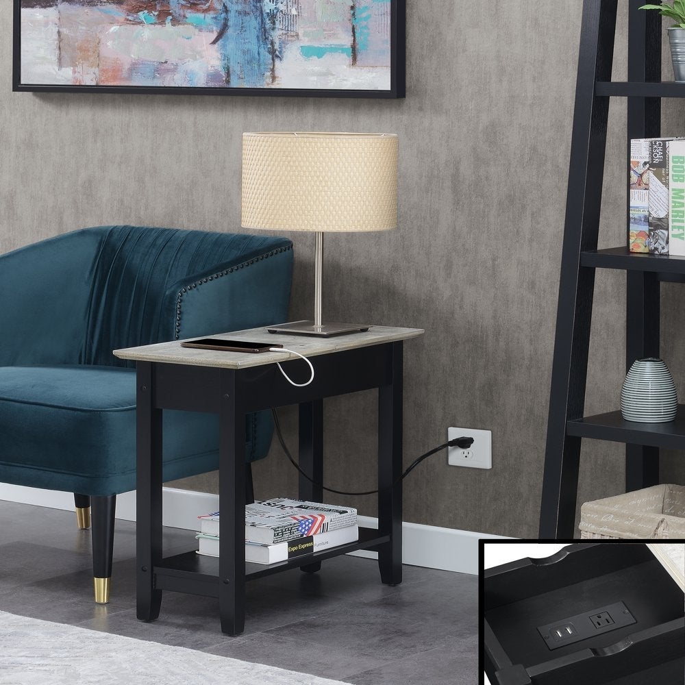 American Heritage Flip Top End Table with Charging Station， Faux Birch/Black - Mycitystee