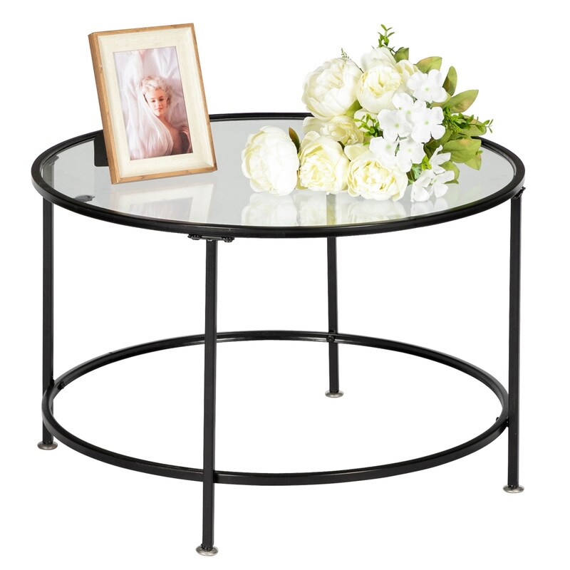 2 Layers Tempered Glass Countertops Round Iron Coffee Table Black - Mycitystee