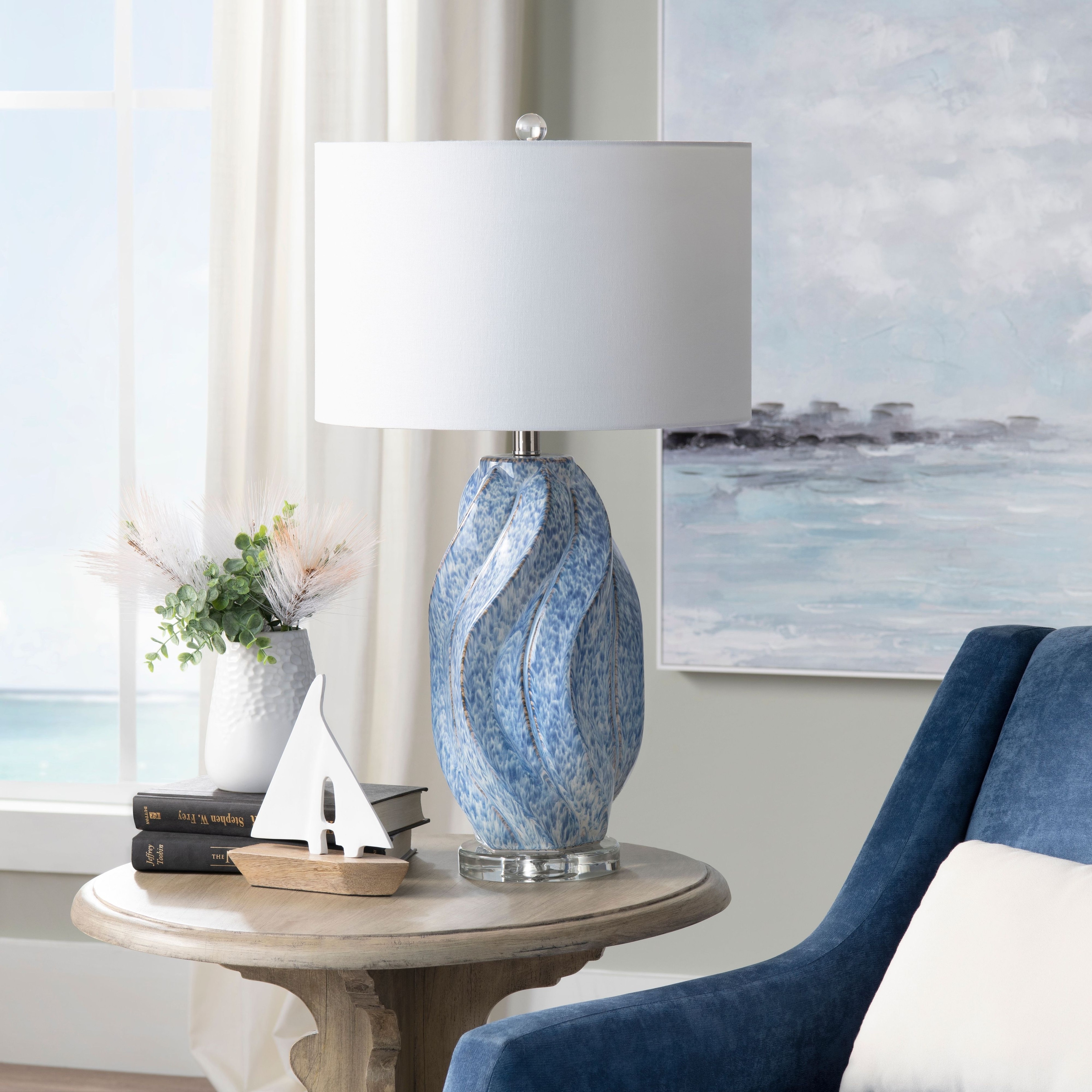 Janice 3-Way Swirl Ceramic Table Lamp with White Linen Shade - Mycitystee