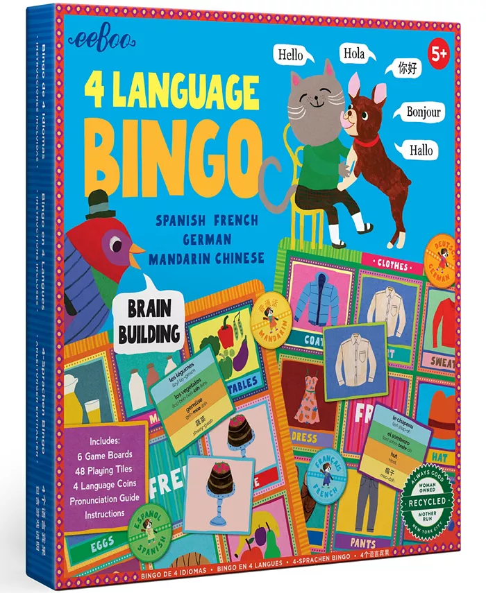 Eeboo 4 Language Bingo Game and Spanish， French， German， Mandarin Chinese， Ages 3 and up - Mycitystee