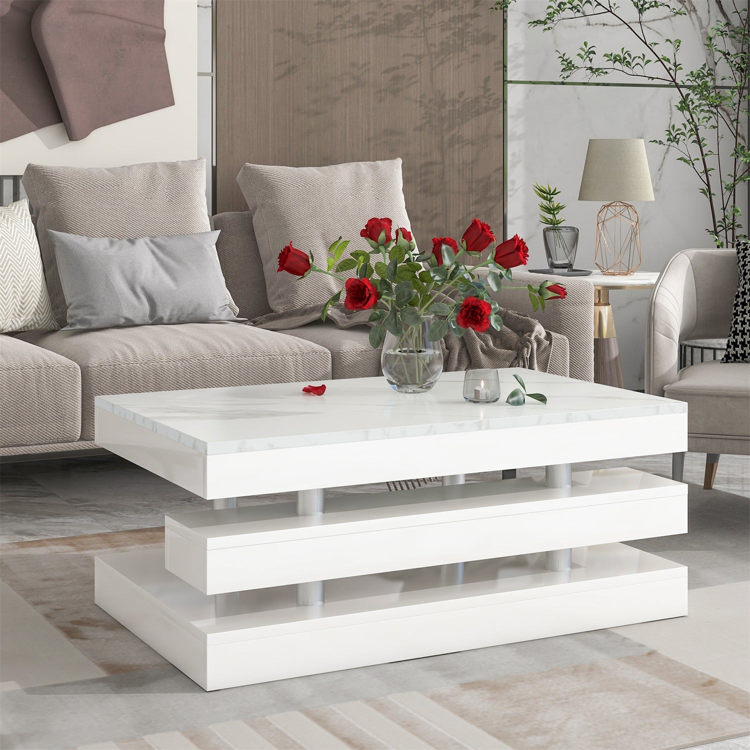 2-Tier Coffee Table with Silver Metal Legsand High-gloss UV Surface - Mycitystee