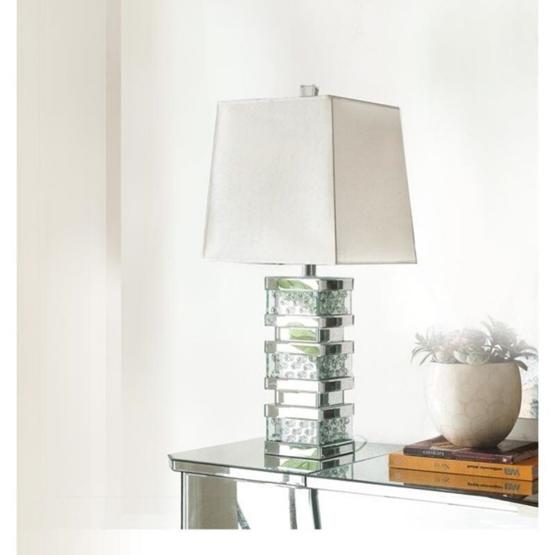 Nysa Table Lamp in Mirrored and Faux Crystals， Mirrored Base with Faux Crystals Inlay and Clear Glass - Mycitystee