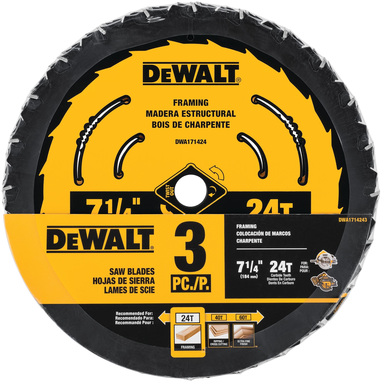 DeWalt 7-1/4 in. D X 5/8 in. Tungsten Carbide Circular Saw Blade 24 teeth 3 pk - Mycitystee
