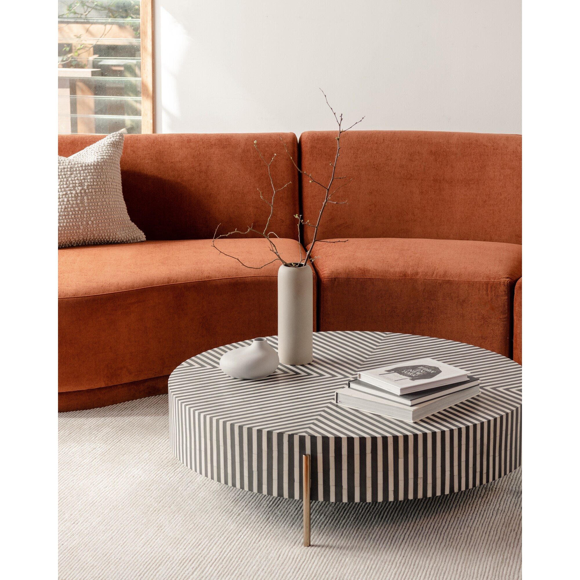 Aurelle Home Modern Large Round Camel Bone Veneer Coffee Table - Mycitystee