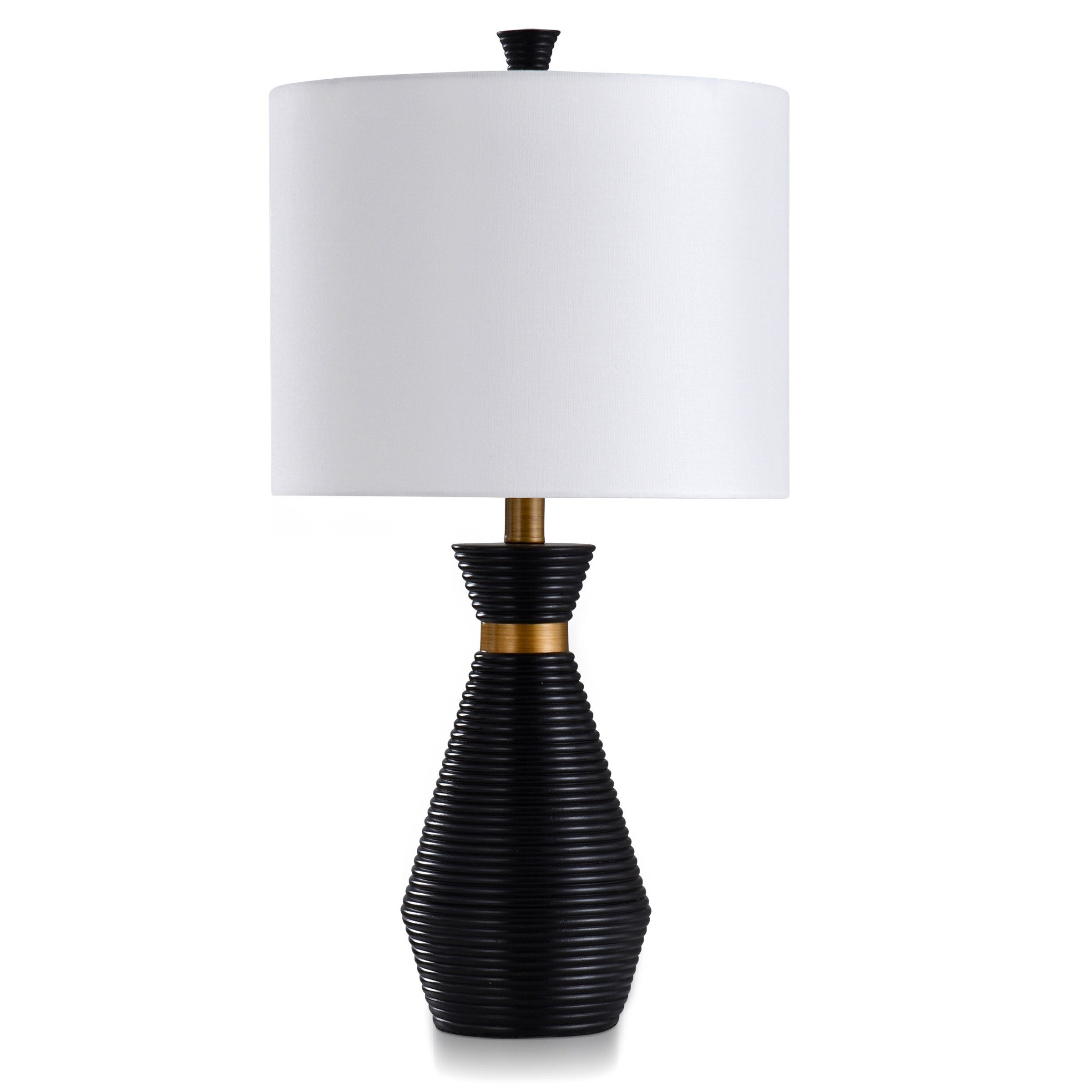 Gemma - Washboard Round Column Resin Table Lamp - Gloss Black， Gold - White Linen Shade - Mycitystee