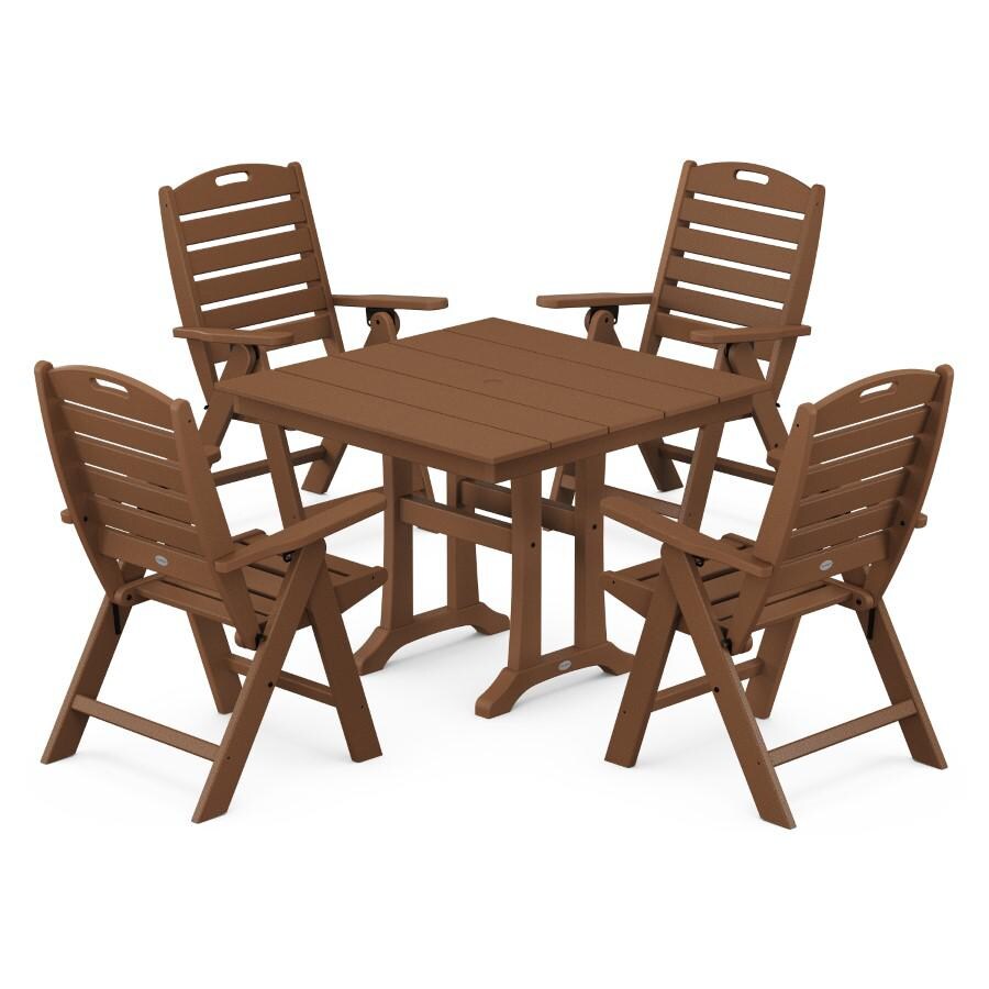 POLYWOOD Nautical Highback 5-Piece Farmhouse Trestle Dining Set in Teak - Mycitystee