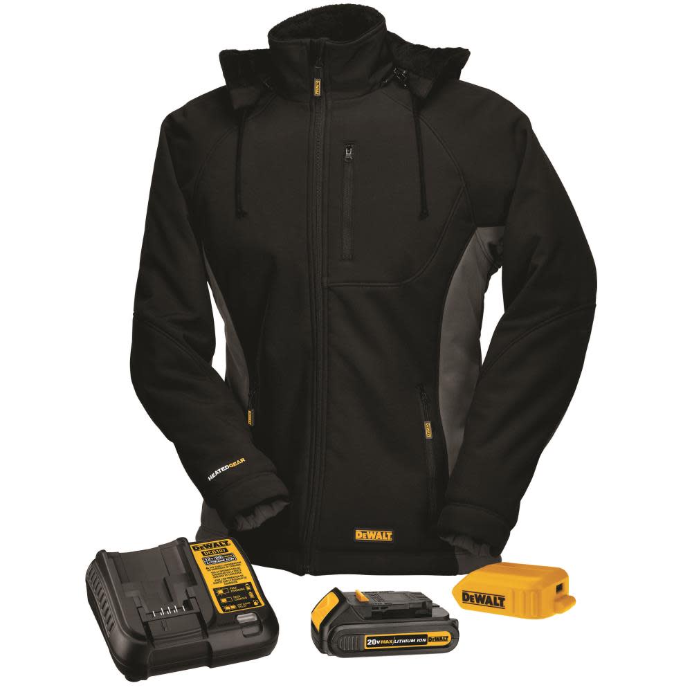 DEWALT Women's Hooded Soft Shell Jacket Kitted: Battery Adapter and Charger in Black - Large DCHJ066C1-L from DEWALT - Mycitystee